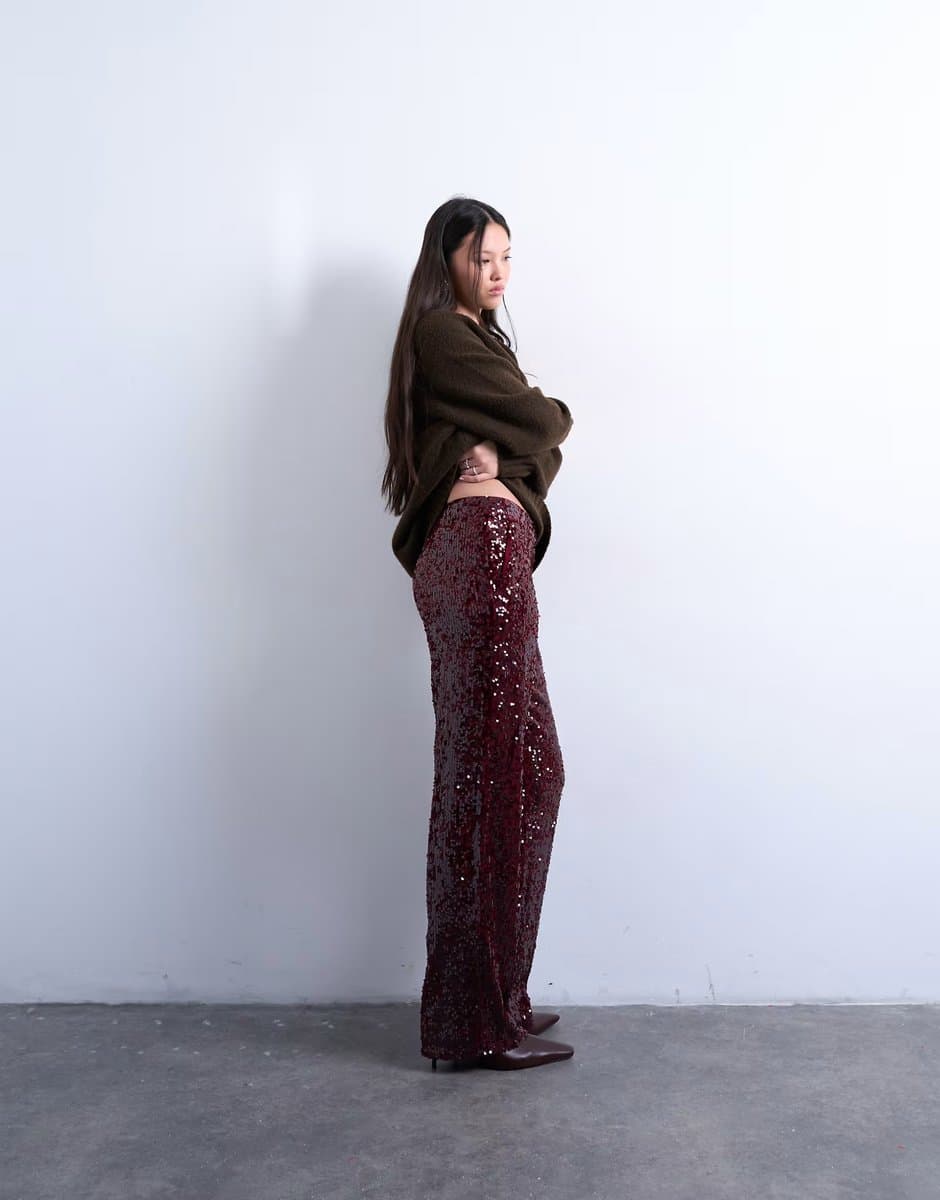 ASOS Topshop sequin tailored trouser in burgundy