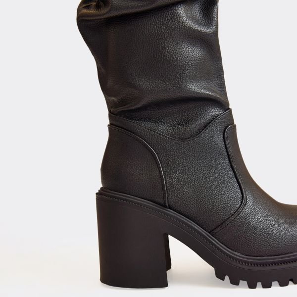 EGO Stomp It Out Block Heel Knee High Slouched Detail Boot In Black Faux Leather, Women's Size UK 9 - 2