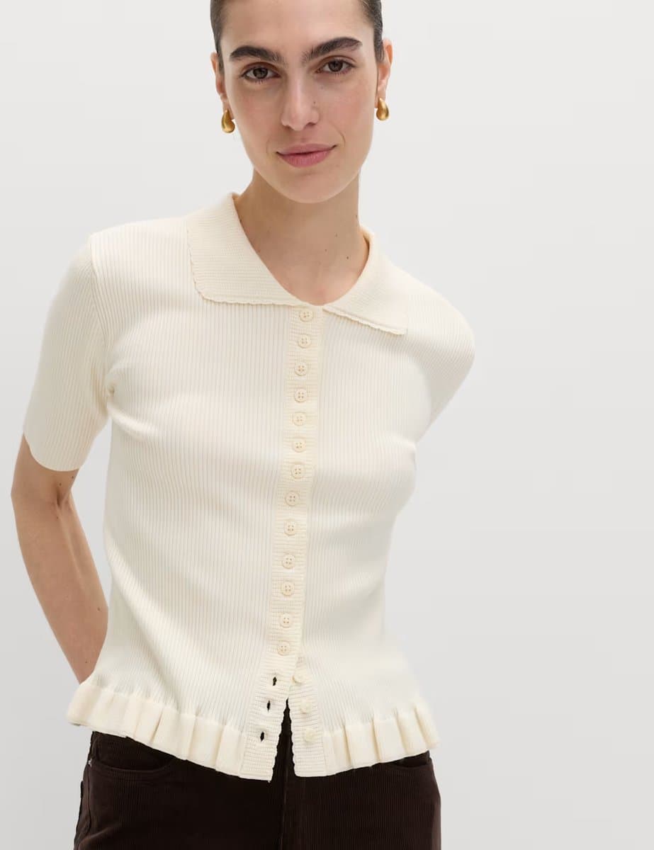 Marks & Spencer M&S Ribbed Frill Detail Collared Cardigan Vanilla