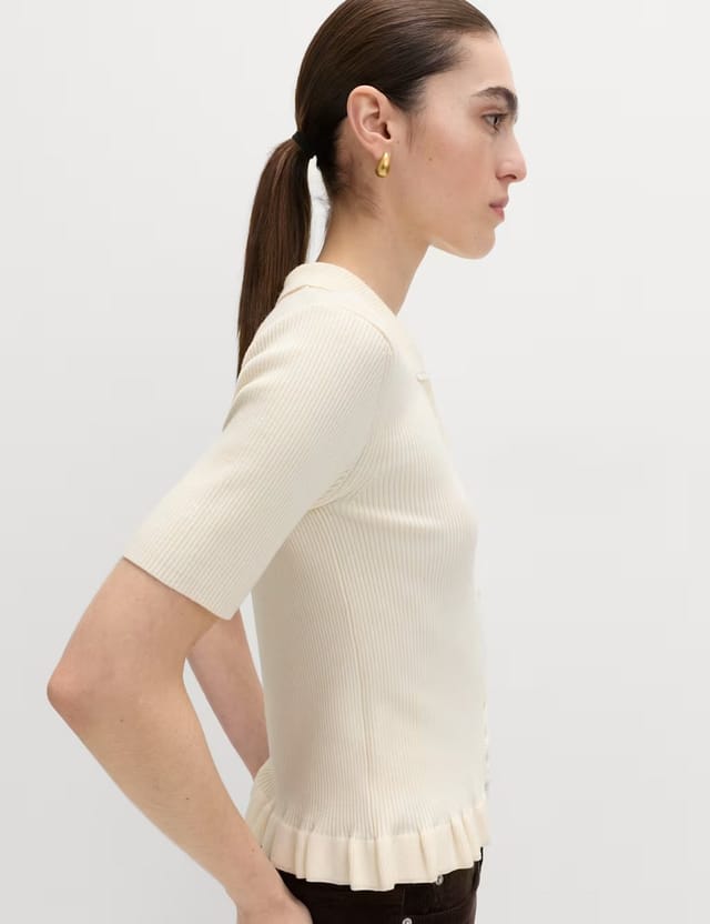 Marks & Spencer M&S Ribbed Frill Detail Collared Cardigan Vanilla - 2