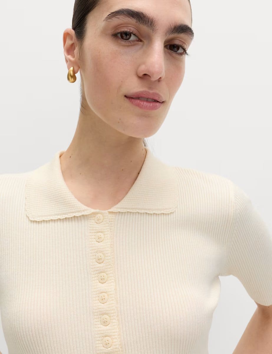 Marks & Spencer M&S Ribbed Frill Detail Collared Cardigan Vanilla - 4