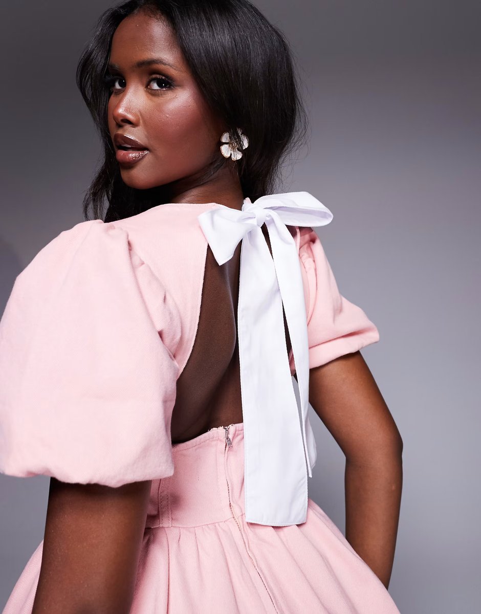 ASOS ASOS LUXE puff sleeve corsetted mini skater dress in light pink - 4