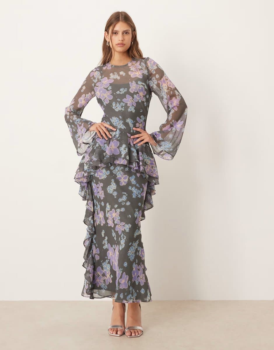 ASOS ASOS DESIGN long sleeve frill hem chiffon maxi dress in blue floral