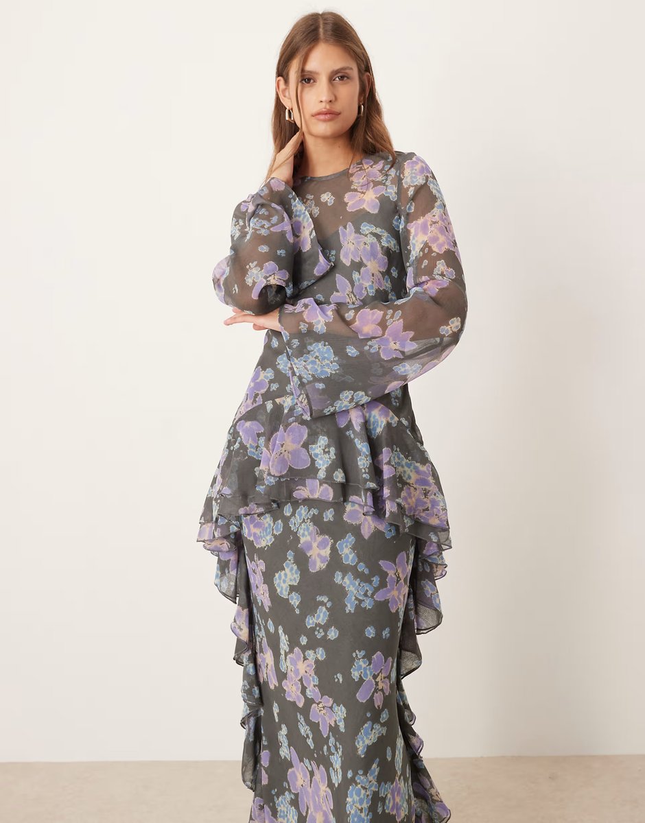 ASOS ASOS DESIGN long sleeve frill hem chiffon maxi dress in blue floral - 3