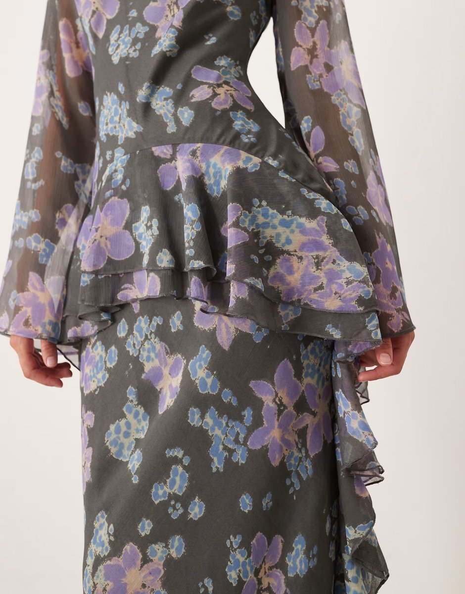 ASOS ASOS DESIGN long sleeve frill hem chiffon maxi dress in blue floral - 4