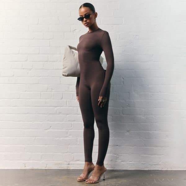 EGO Long Sleeve Sculpt Fitted Jumpsuit In Chocolate Brown, Women's Size UK 4