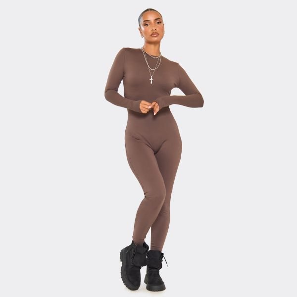EGO Long Sleeve Sculpt Fitted Jumpsuit In Chocolate Brown, Women's Size UK 4 - 2