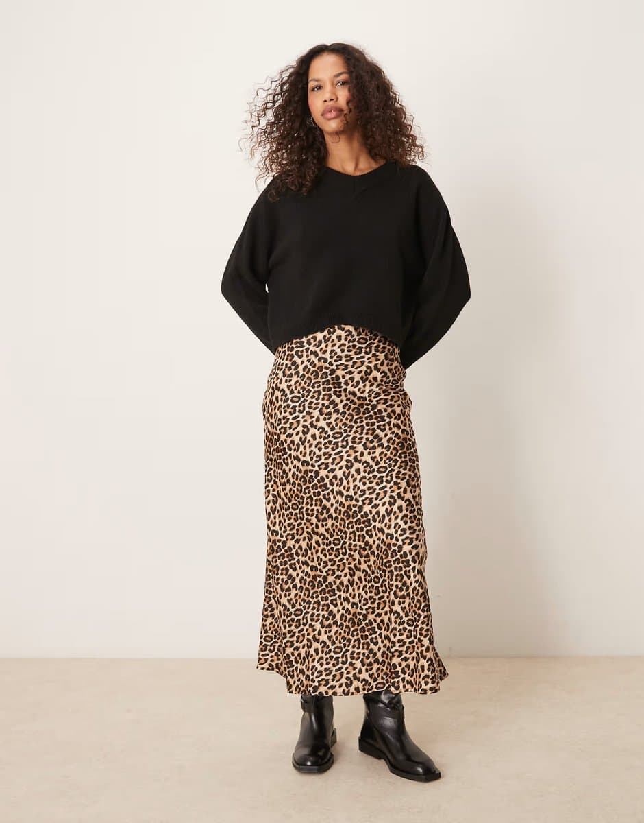 ASOS Vila satin midi skirt in leopard print