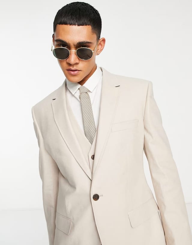 ASOS ASOS DESIGN slim linen mix suit jacket in stone - 3