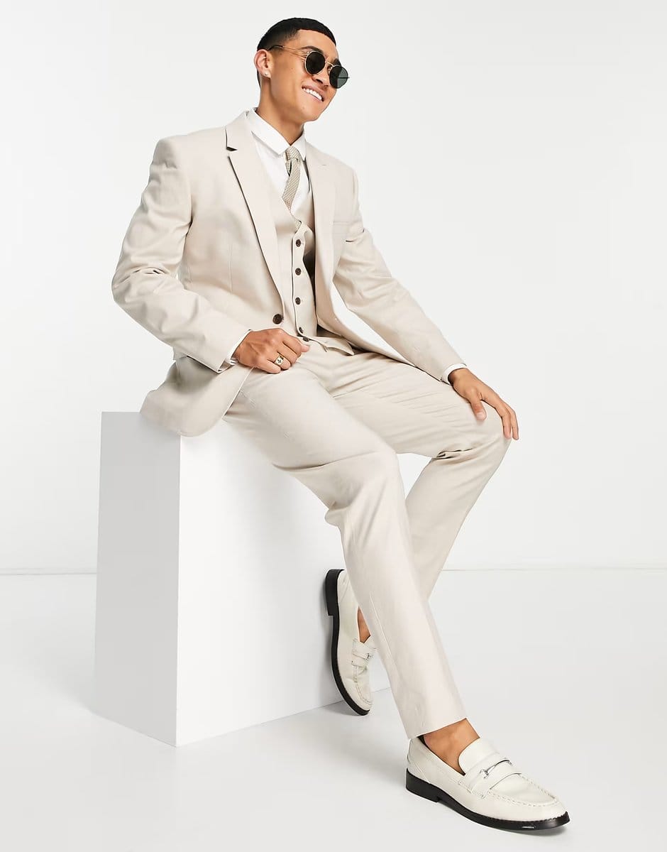 ASOS ASOS DESIGN slim linen mix suit jacket in stone - 4