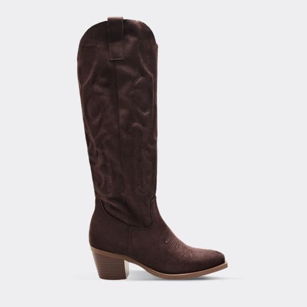 EGO Carter Embroidered Detail Knee High Western Cowboy Boot In Brown Faux Suede, Women's Size UK 3