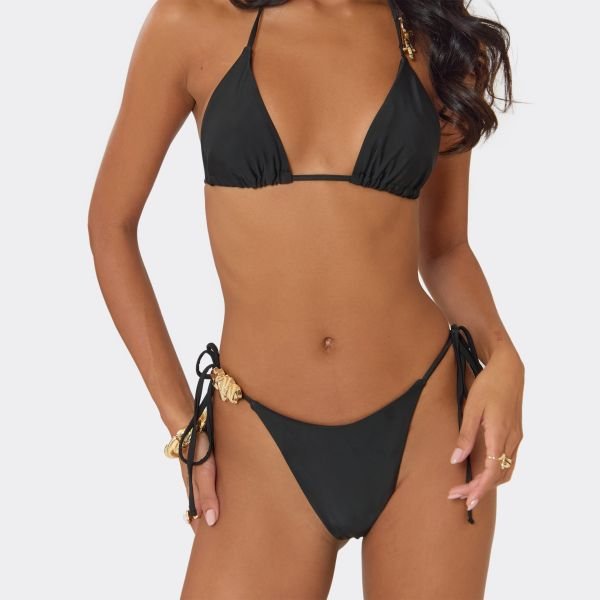 EGO Triangle Hammered Abstract Trim Detail Bikini Set In Black, Women's Size UK 6 - 2