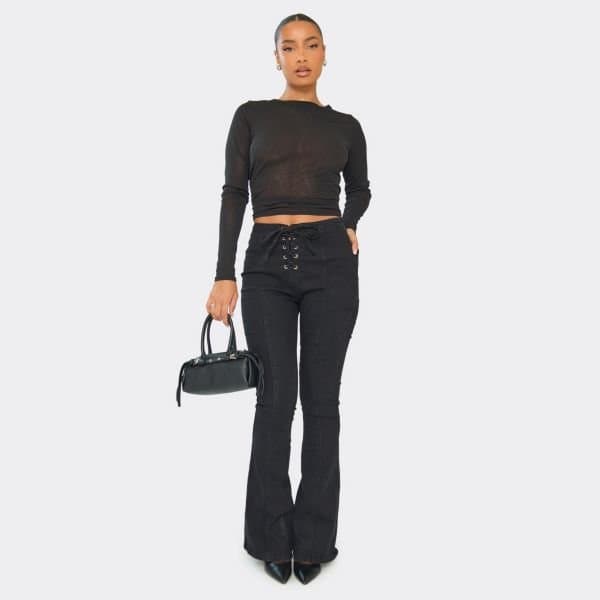 EGO Mid Rise Tie Front Detail Flared Leg Jeans In Black Vintage Wash Denim, Women's Size UK 6