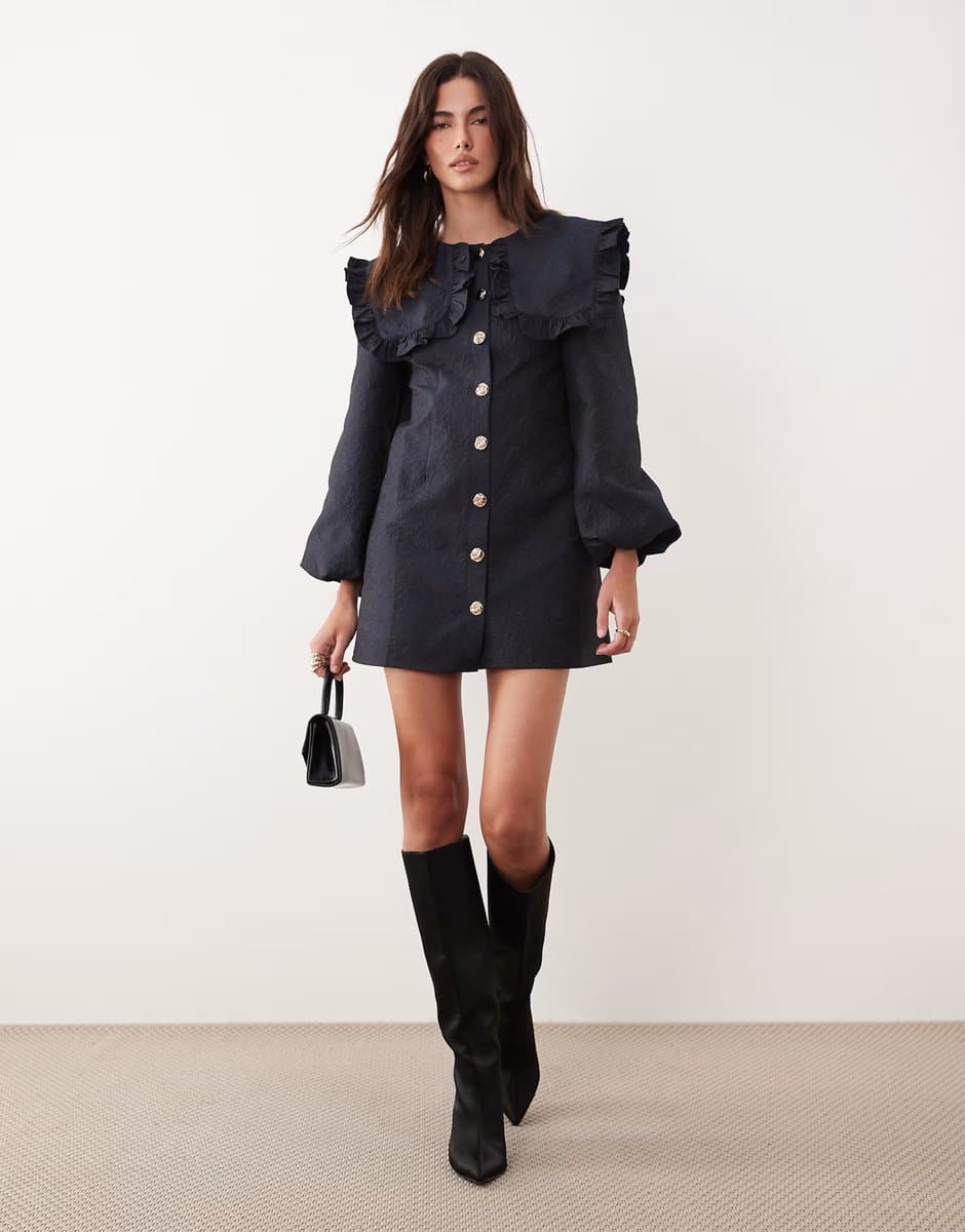 ASOS Ghospell Inola oversized collar balloon sleeve mini dress in navy