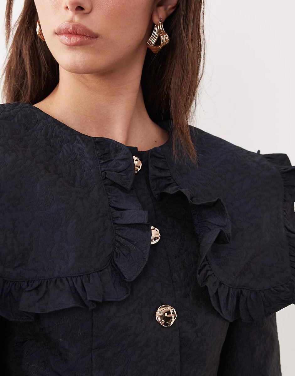 ASOS Ghospell Inola oversized collar balloon sleeve mini dress in navy - 3