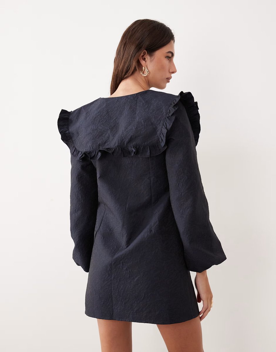ASOS Ghospell Inola oversized collar balloon sleeve mini dress in navy - 4