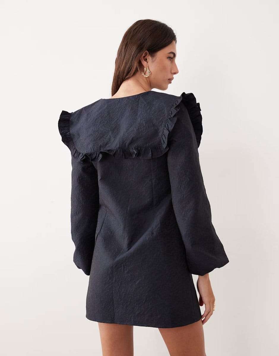 ASOS Ghospell Inola oversized collar balloon sleeve mini dress in navy - 4