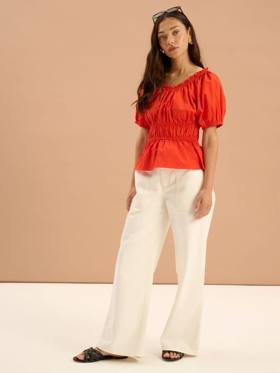 OMNES OMNES Shirred Detail Short Sleeve Top in Red