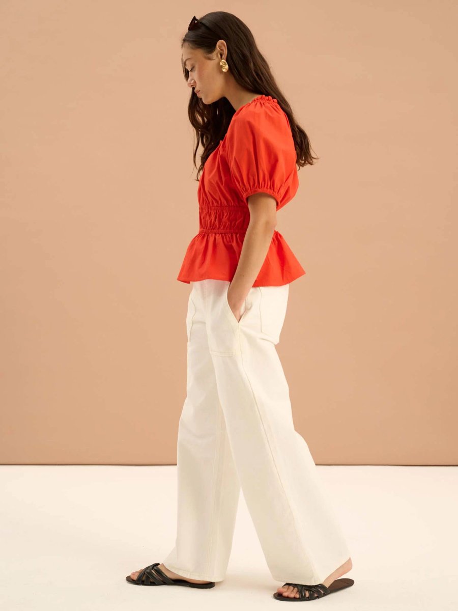 OMNES Ola Shirred Detail Short Sleeve Top in Red - 2