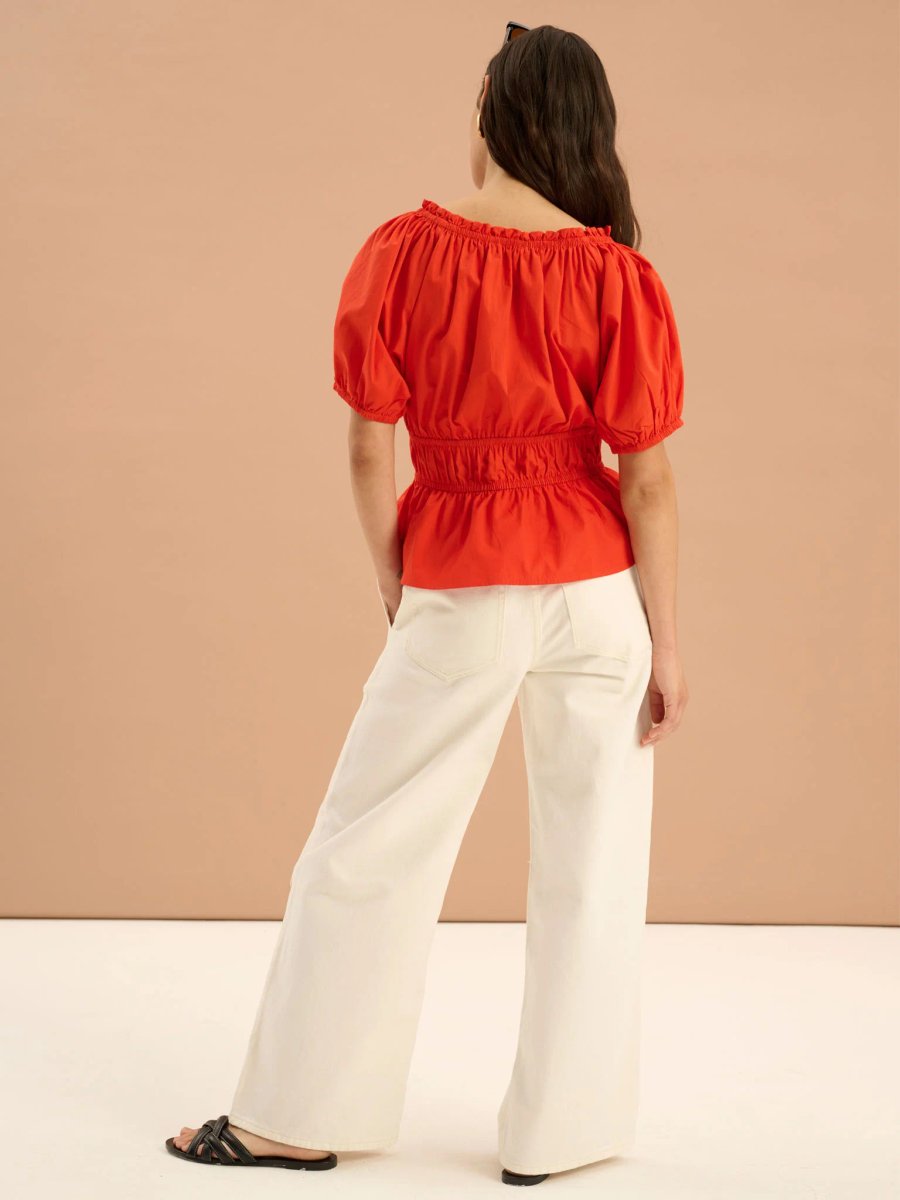 OMNES Ola Shirred Detail Short Sleeve Top in Red - 3