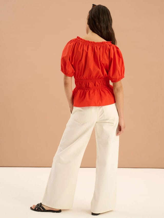 OMNES Ola Shirred Detail Short Sleeve Top in Red - 3