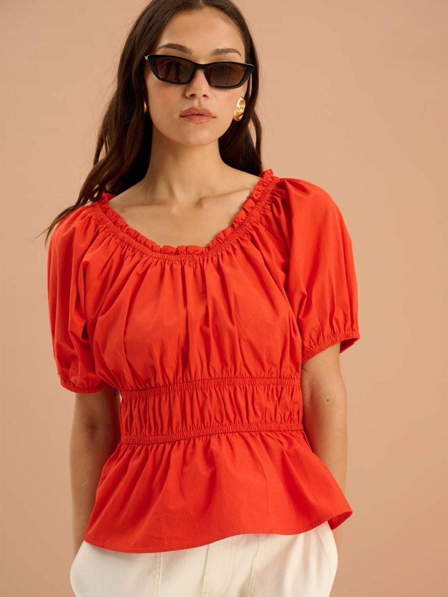OMNES Ola Shirred Detail Short Sleeve Top in Red - 4