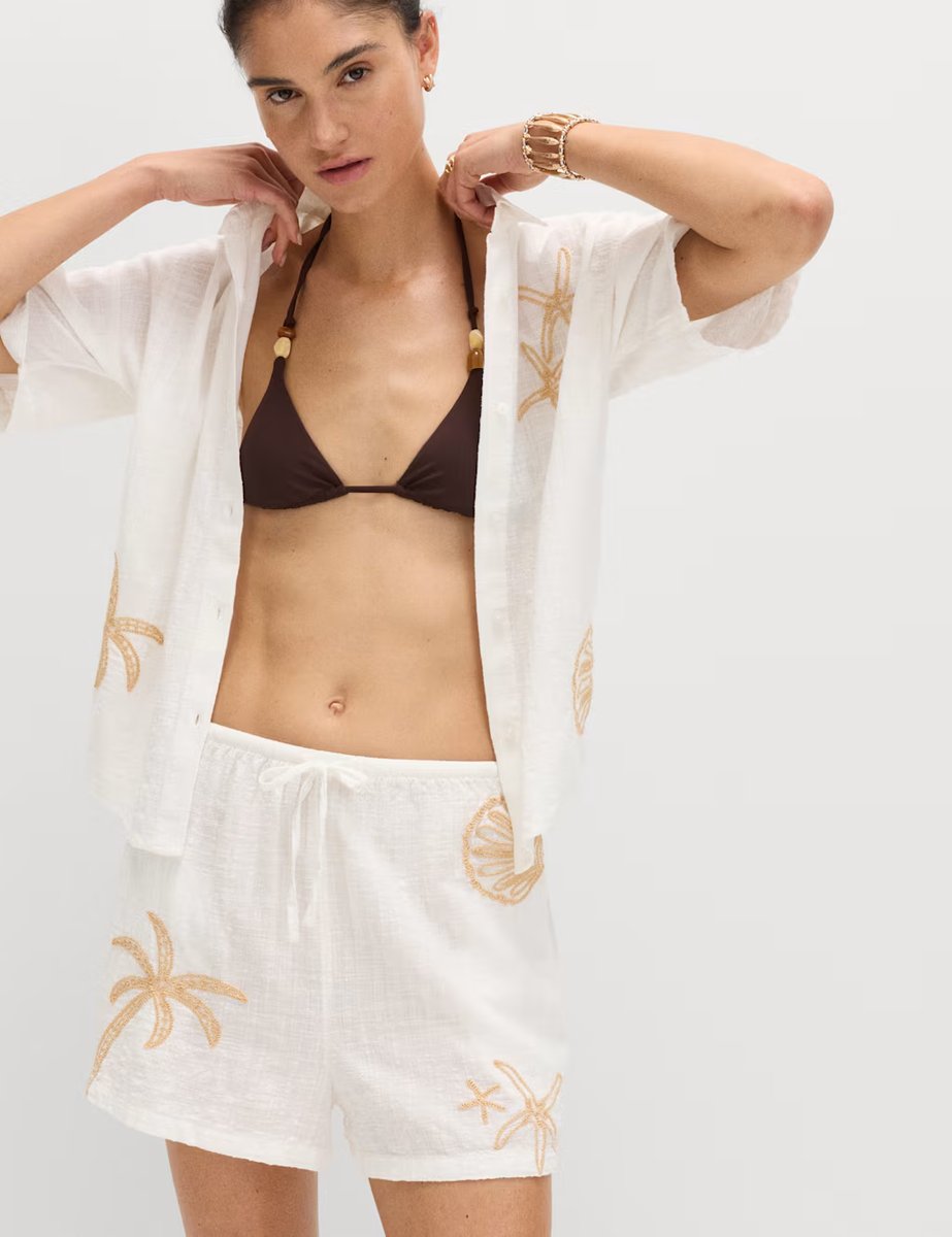 Marks & Spencer M&S Cotton Rich Embroidered Beach Shorts Soft White - 4