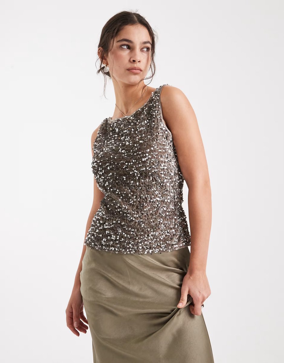 ASOS Pieces slash neck sequin top in taupe - 1
