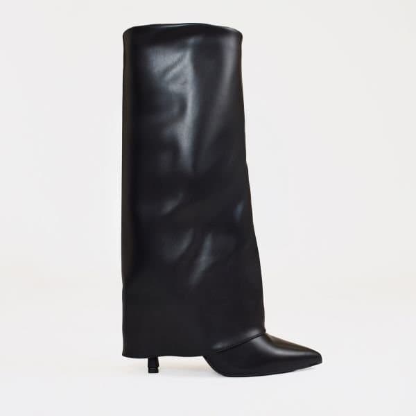 EGO Random Layered Pointed Toe Stiletto Heel Knee High Boot In Black Faux Leather, Women's Size UK 3