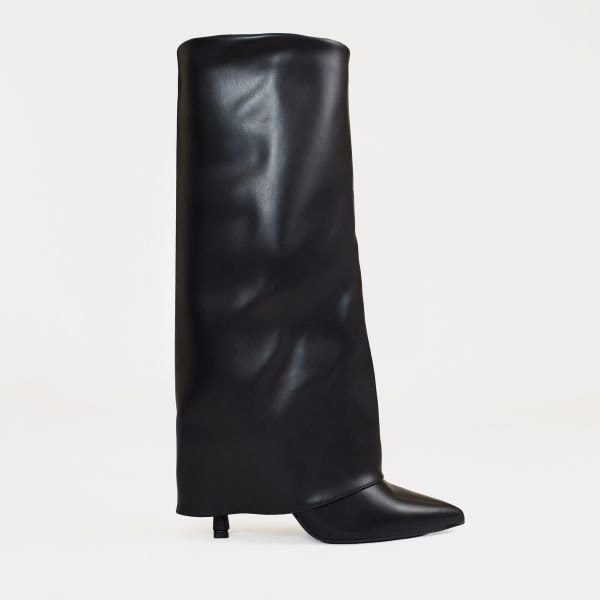 EGO Random Layered Pointed Toe Stiletto Heel Knee High Boot In Black Faux Leather, Women's Size UK 3 - 1