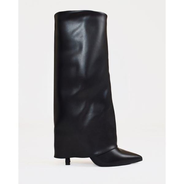 EGO Random Layered Pointed Toe Stiletto Heel Knee High Boot In Black Faux Leather, Women's Size UK 3 - 2