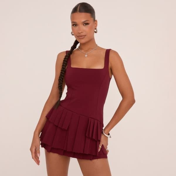 EGO Square Neck Pleated Hem Mini Dress In Burgundy Woven, Women's Size UK 12
