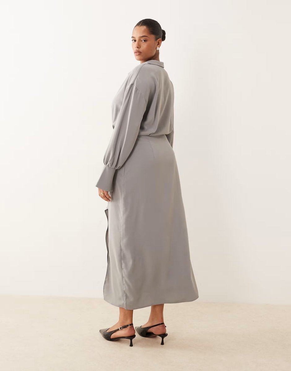 ASOS ASOS DESIGN Curve draped shirt pencil midi skirt in grey - 4