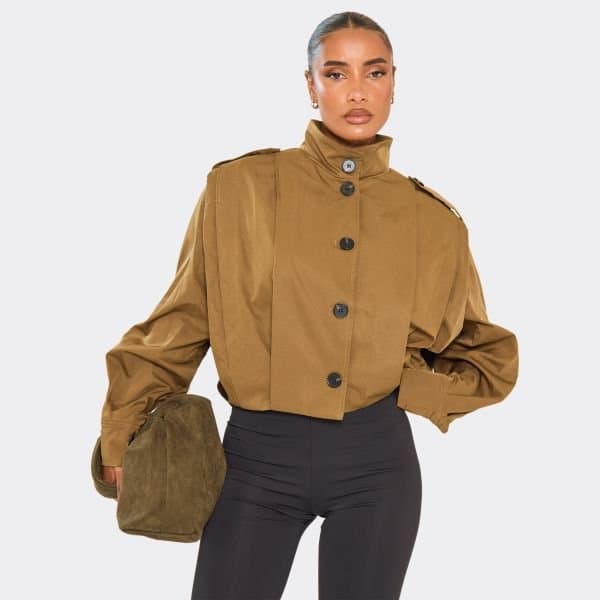 EGO High Neck Seam Detail Trench Jacket In Brown, Women's Size UK 6