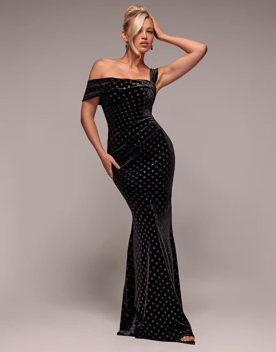 ASOS Goddiva Glitter polka dot velvet one shoulder maxi dress in black