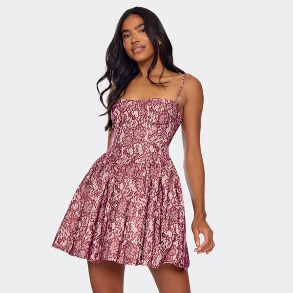 EGO Strappy Tailored Skater Mini Dress In Burgundy Lace, Women's Size UK 6