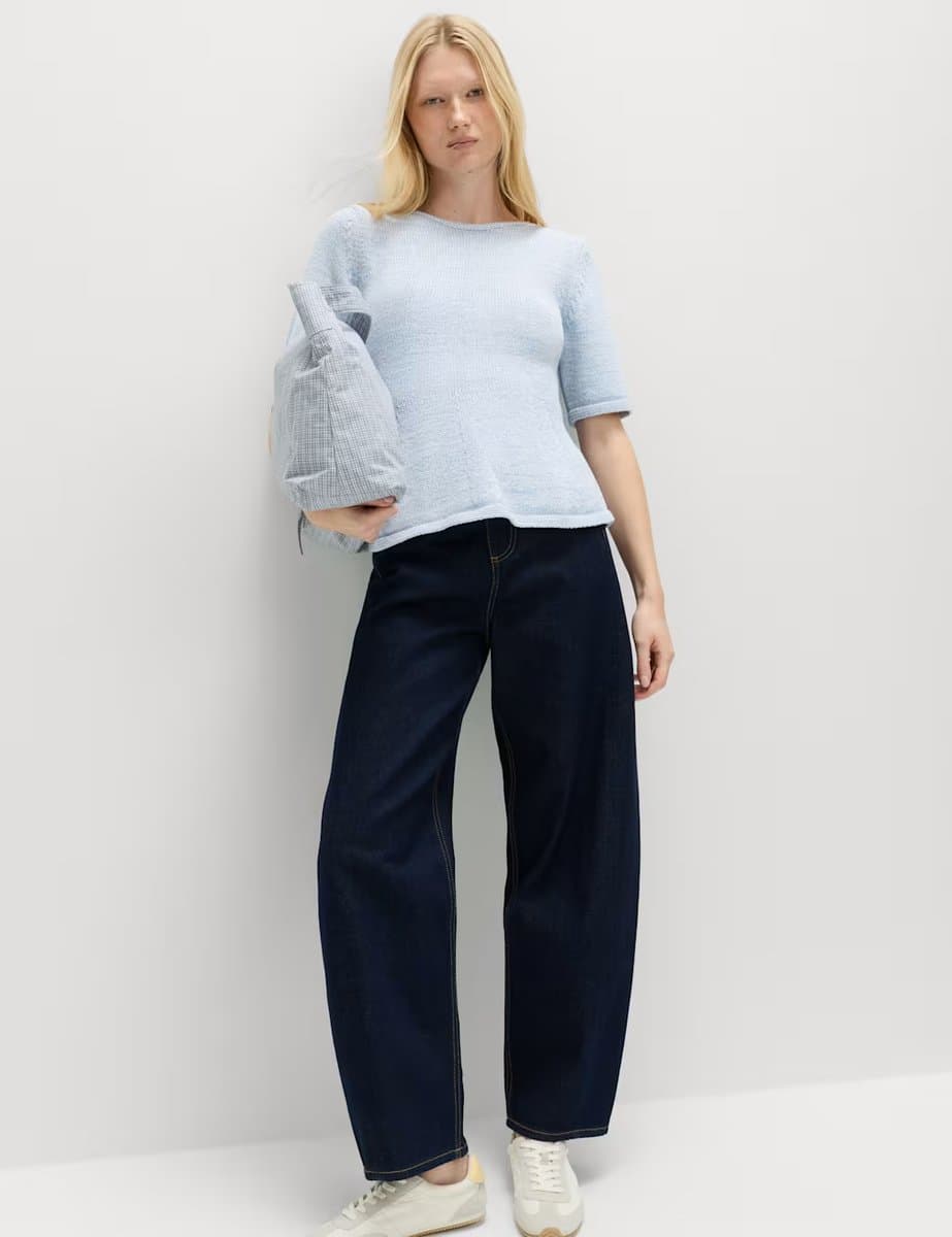 Marks & Spencer M&S Cotton-Rich Peplum Knitted Top Faded Blue