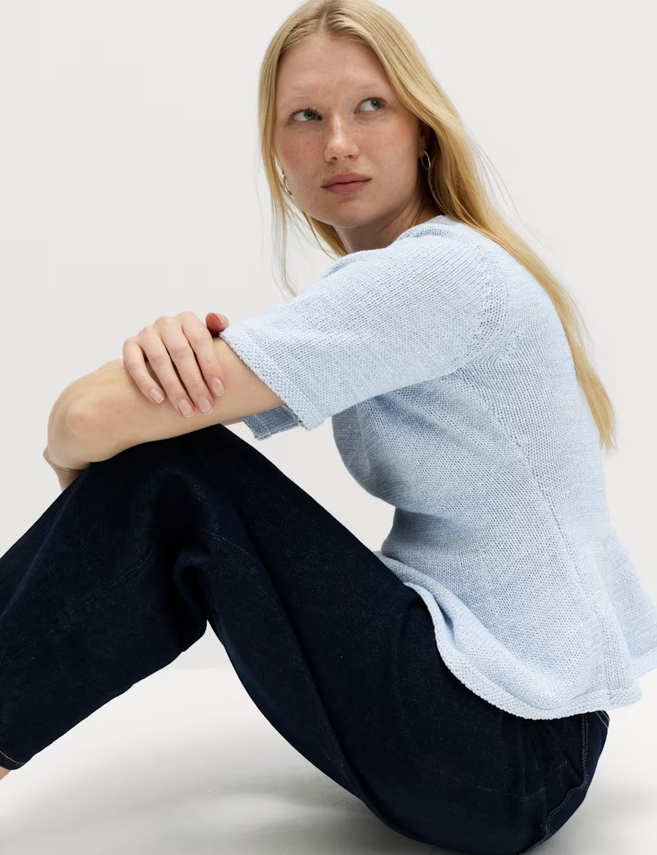 Marks & Spencer M&S Cotton-Rich Peplum Knitted Top Faded Blue - 3