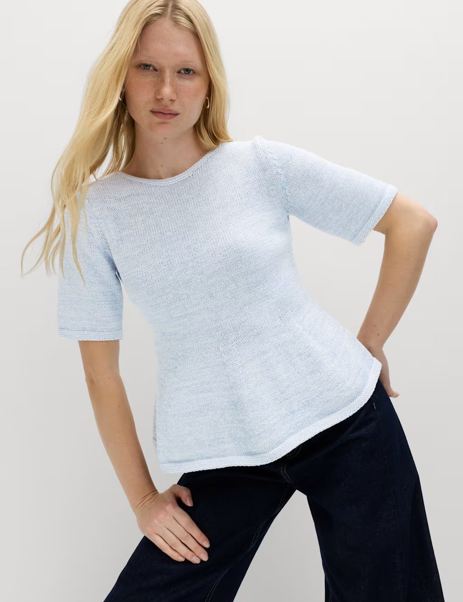 Marks & Spencer M&S Cotton-Rich Peplum Knitted Top Faded Blue - 4