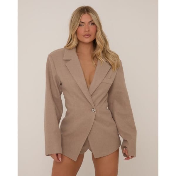 EGO Cinched Waist Wool Look Blazer Dress In Taupe Brown, Women's Size UK 4 - 2