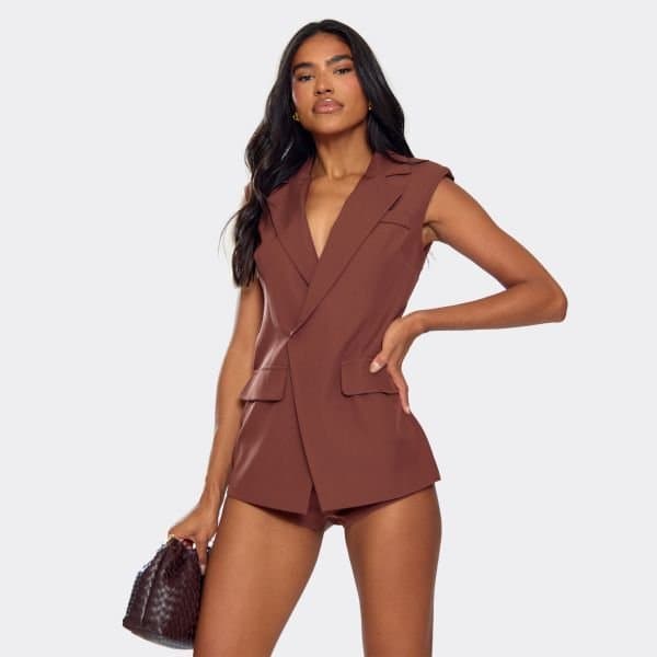 EGO Plunge Split Front Blazer Playsuit In Chocolate Brown, Women's Size UK 6