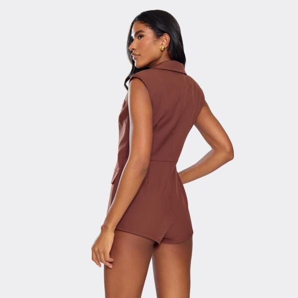 EGO Plunge Split Front Blazer Playsuit In Chocolate Brown, Women's Size UK 6 - 2