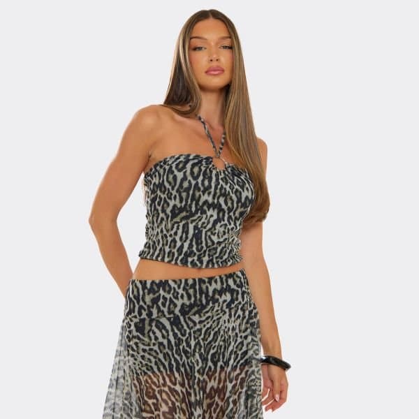 EGO Trim Detail Halterneck Top In Multi Leopard Print, Women's Size UK 6