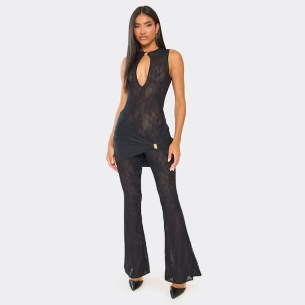 EGO Sleeveless Cut Out Front Ruched Trim Detail Flare Leg Jumpsuit In Black Lace, Women's Size UK 6