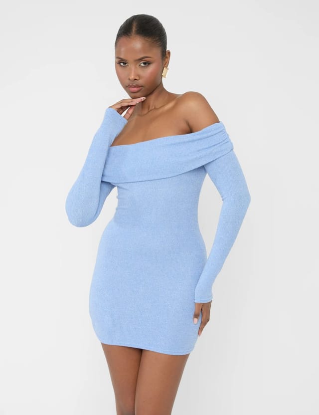 Public Desire Long Sleeve Off The Shoulder Bardot Mini Dress Blue - 3