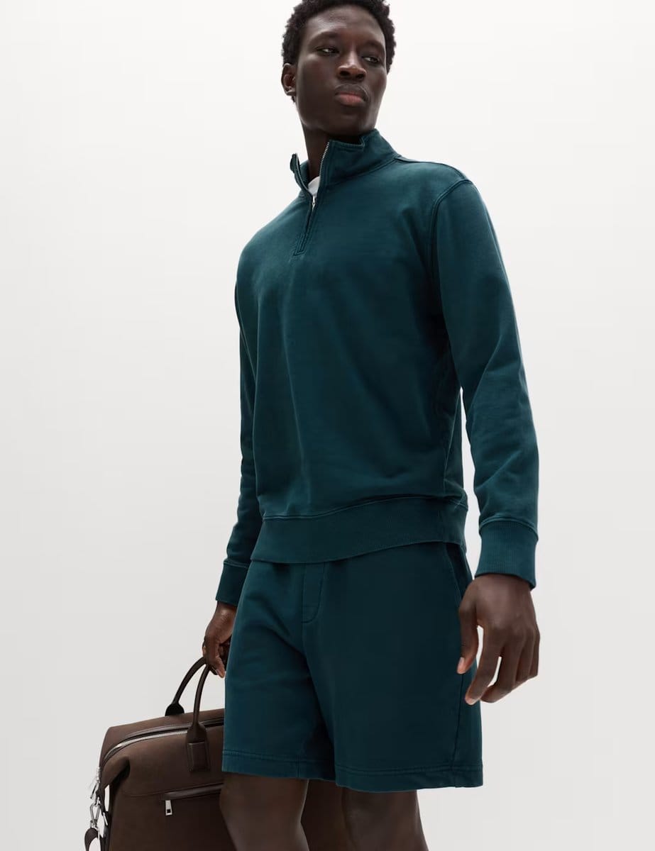 Marks & Spencer M&S Pure Cotton Garment Dye Half Zip Sweatshirt Dark Petrol - 4