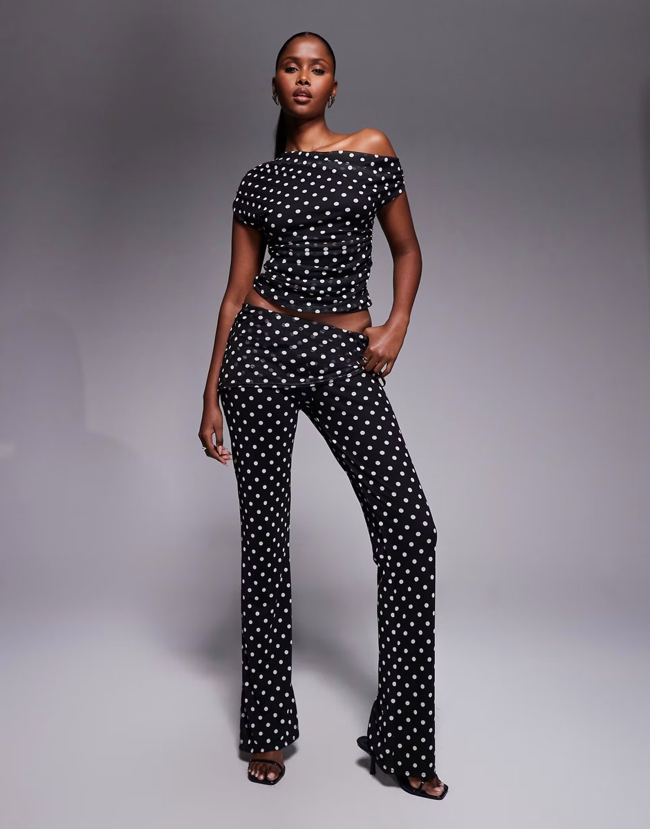 ASOS Kaiia exclusive double layered slinky mesh off shoulder top and foldover ruched detail trousers co-ord in mono polka dot - 1