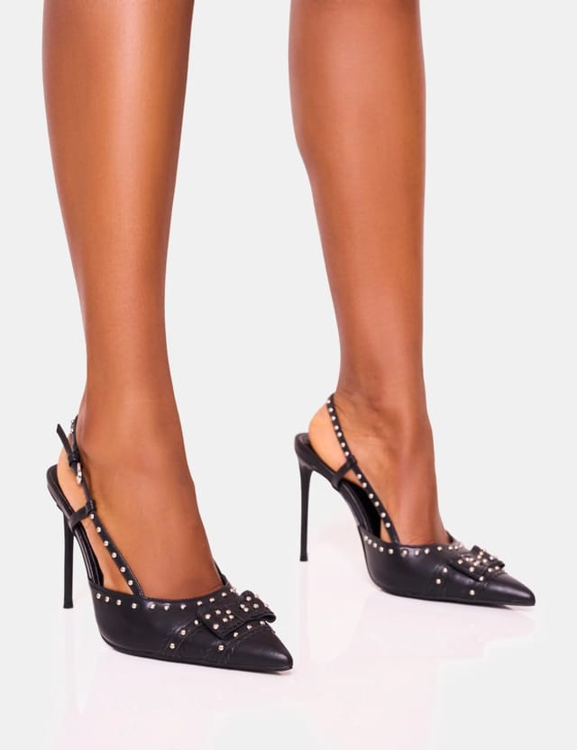 Public Desire Espresso Black Bow Studded Detail Slingback Court Stiletto Heel - 2