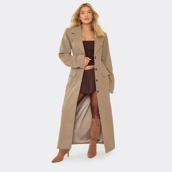 EGO Cinched Waist Wool Look Maxi Coat In Stone Pinstripe, Women's Size UK 6