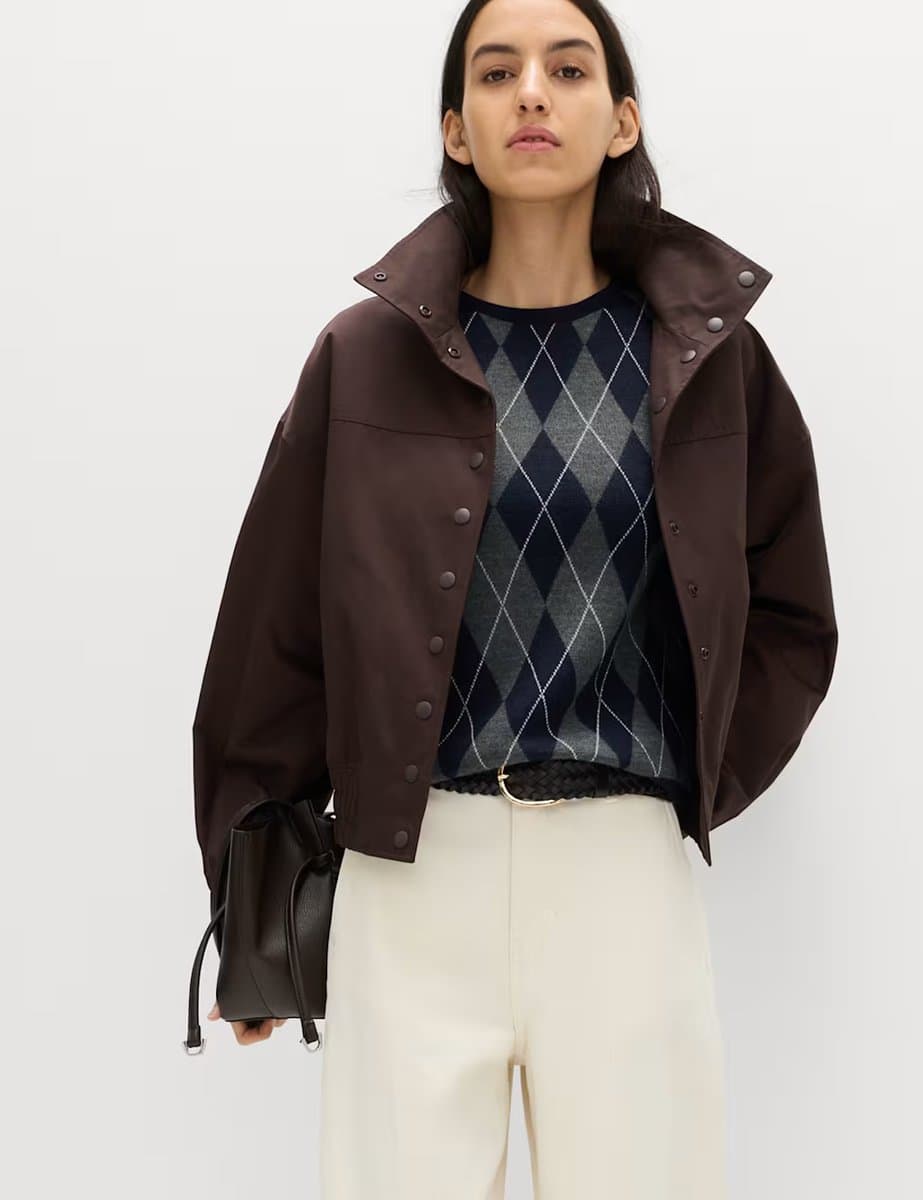 Marks & Spencer M&S Cotton Rich Funnel Neck Bomber Jacket Dark Chocolate